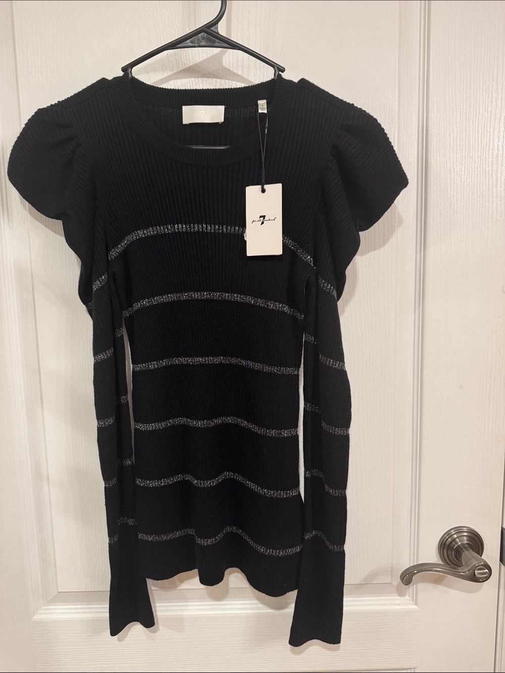 7 For All Mankind Black Ribbed Sweater with Silver Metallic Stripes